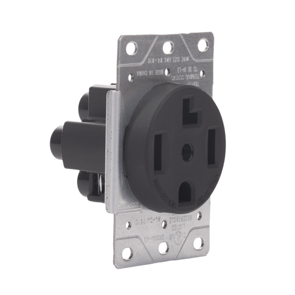 30A Flush Mounting Receptacle, 125/250 Volt, NEMA 14-30R, 3-Pole, 4-Wire, Straight Blade, Industrial Grade, Grounding, Steel Strap, Side Wire