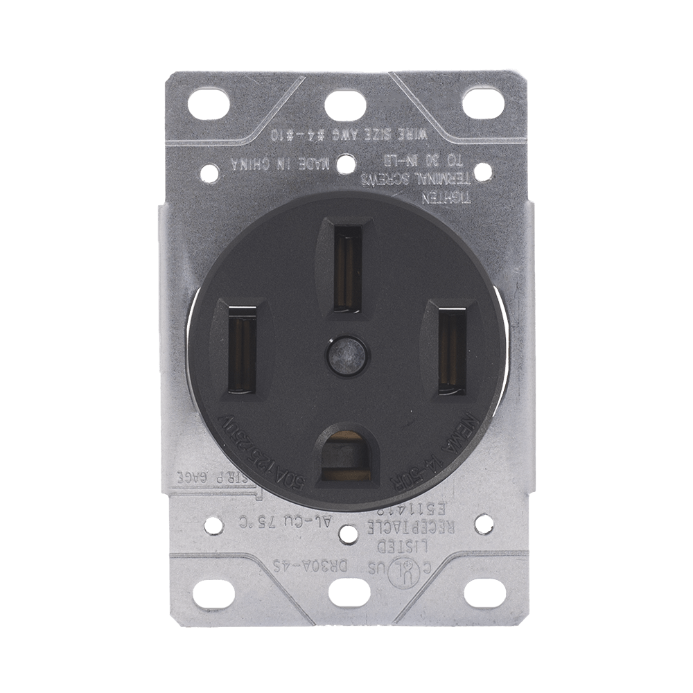 50A Flush Mounting Receptacle, 125/250 Volt, NEMA 14-50R, 3-Pole, 4-Wire, Straight Blade, Industrial Grade, Grounding, Steel Strap, Side Wire