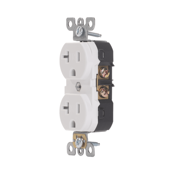 Duplex Receptacle, 20 Amp/125 Volt, Commercial Grade, Tamper Resistant, 5-20R, 2-Pole, 3-Wire, Self-Grounding, Side or Back Wiring