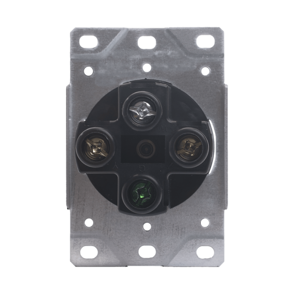 30A Flush Mounting Receptacle, 125/250 Volt, NEMA 14-30R, 3-Pole, 4-Wire, Straight Blade, Industrial Grade, Grounding, Steel Strap, Side Wire