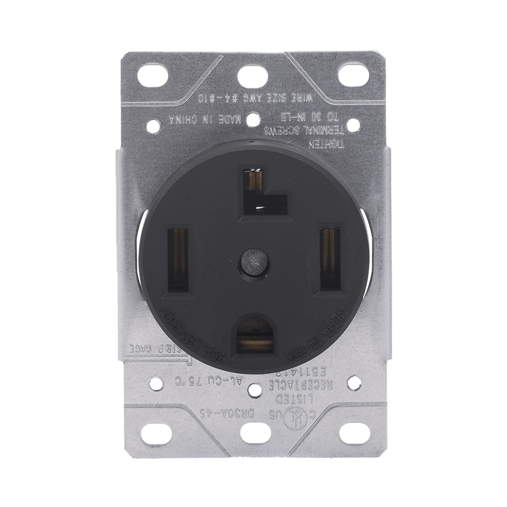 30A Flush Mounting Receptacle, 125/250 Volt, NEMA 14-30R, 3-Pole, 4-Wire, Straight Blade, Industrial Grade, Grounding, Steel Strap, Side Wire