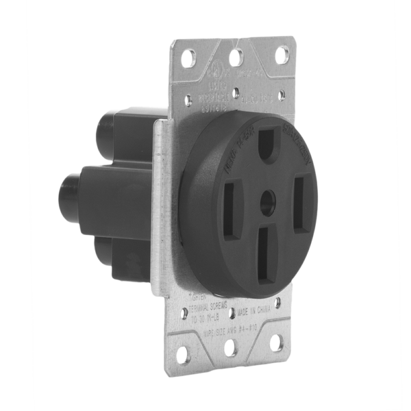 50A Flush Mounting Receptacle, 125/250 Volt, NEMA 14-50R, 3-Pole, 4-Wire, Straight Blade, Industrial Grade, Grounding, Steel Strap, Side Wire