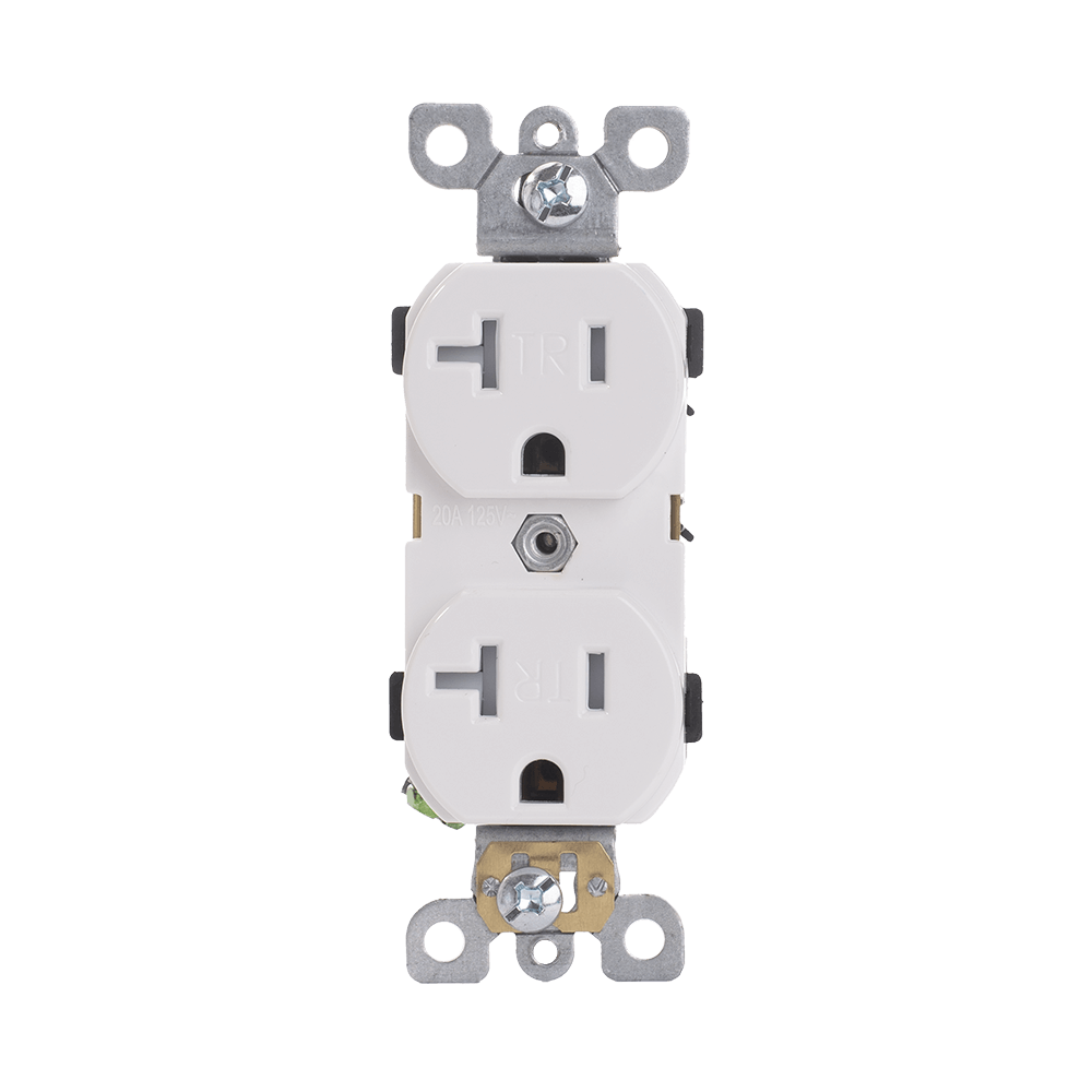Duplex Receptacle, 20 Amp/125 Volt, Commercial Grade, Tamper Resistant, 5-20R, 2-Pole, 3-Wire, Self-Grounding, Side or Back Wiring