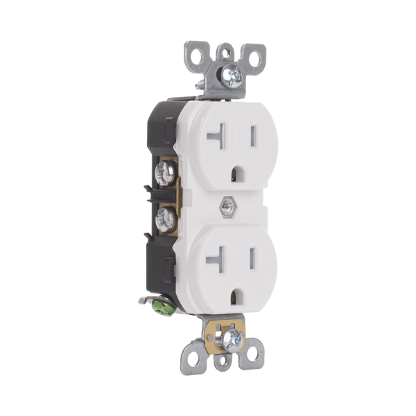 Duplex Receptacle, 20 Amp/125 Volt, Commercial Grade, Tamper Resistant, 5-20R, 2-Pole, 3-Wire, Self-Grounding, Side or Back Wiring