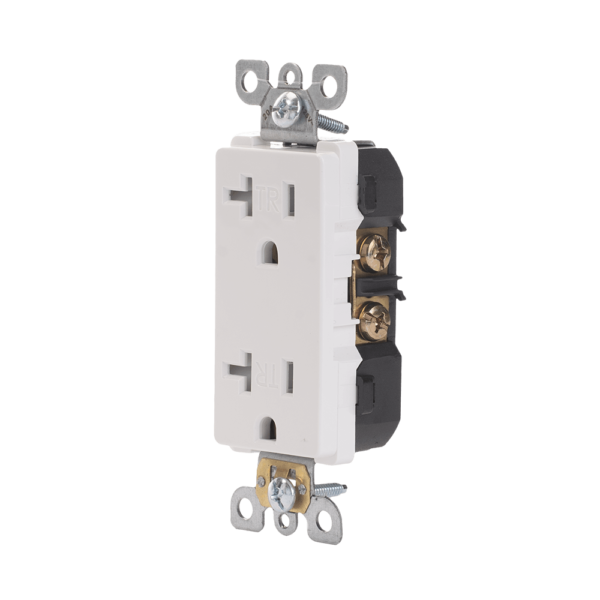 Decorator Duplex Receptacle, 20 Amp/125 Volt, Commercial Grade, Tamper Resistant, 5-20R, 2-Pole, 3-Wire, Self-Grounding, Side or Back Wiring