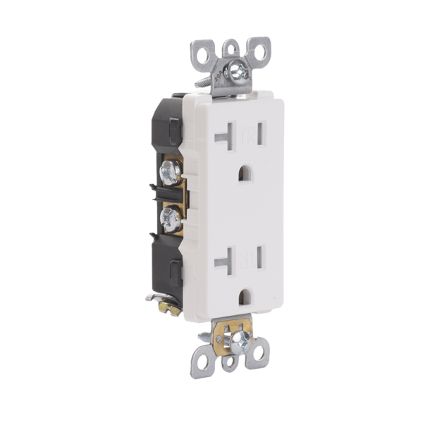 Decorator Duplex Receptacle, 20 Amp/125 Volt, Commercial Grade, Tamper Resistant, 5-20R, 2-Pole, 3-Wire, Self-Grounding, Side or Back Wiring
