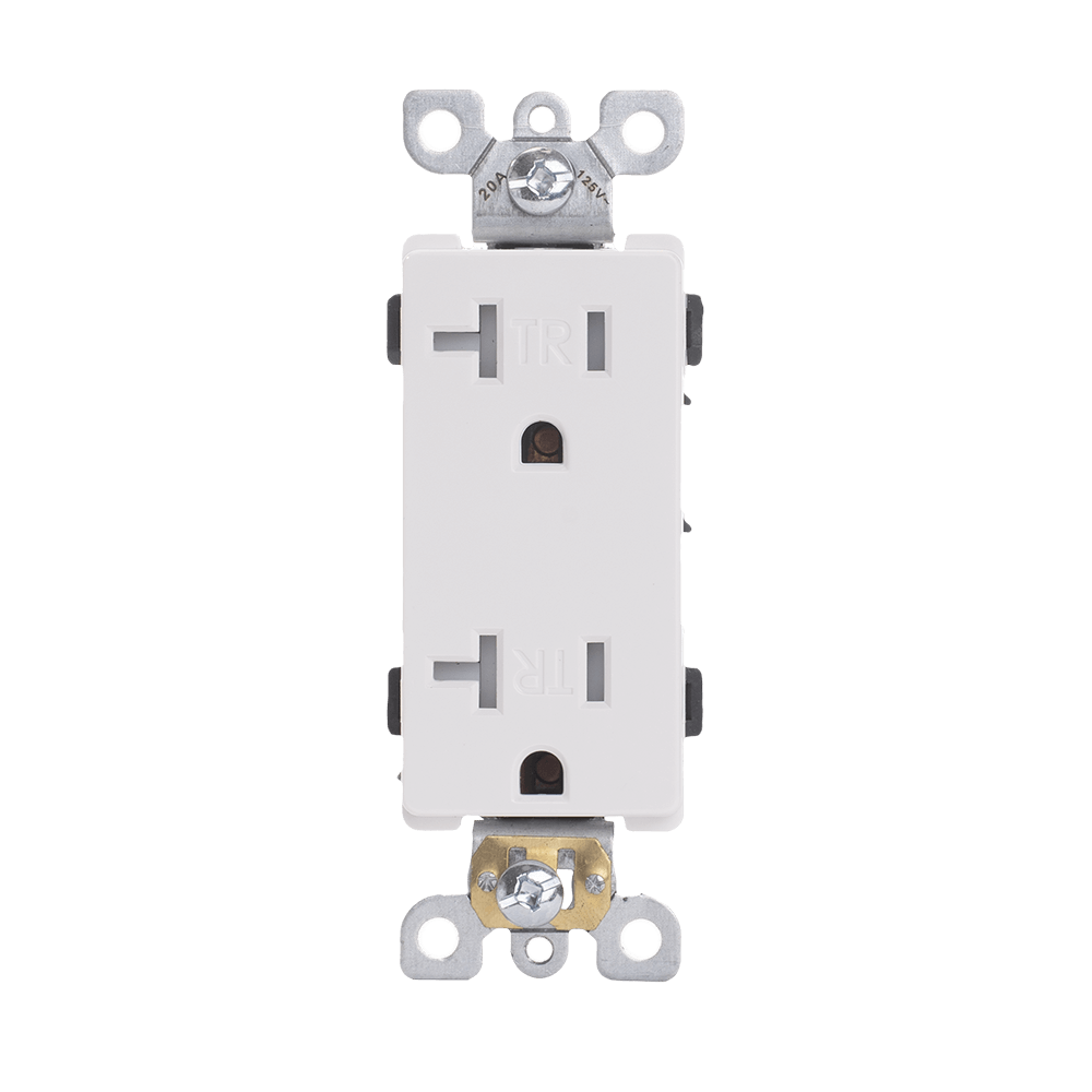 Decorator Duplex Receptacle, 20 Amp/125 Volt, Commercial Grade, Tamper Resistant, 5-20R, 2-Pole, 3-Wire, Self-Grounding, Side or Back Wiring